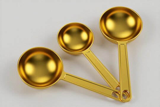 Three golden measuring spoons arranged on a white surface. These kitchen tools are used for precise ingredient measurement during cooking and baking preparation.