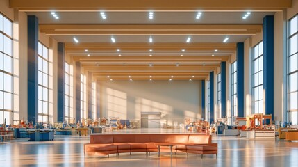 Fototapeta premium Wide factory interior with tall windows casting light shafts across modern workspace