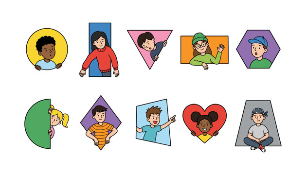 Diverse Children and Teenagers Peeking from Colorful Geometric Frames Set Featuring Heart Circle Triangle and Polygon Window Shapes Vector Illustration
