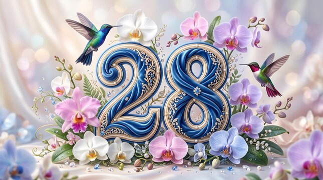 Decorative number 28 with hummingbirds and orchids for birthday or anniversary celebration