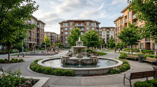 Elegant water fountain at the center of a modern residential courtyard with lush green landscaping