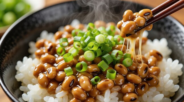 Steaming bowl of white rice topped with fermented soy beans, fresh green onions. Traditional Japanese breakfast dish served in black ceramic bowl. Close up view of sticky strings lifting with wooden