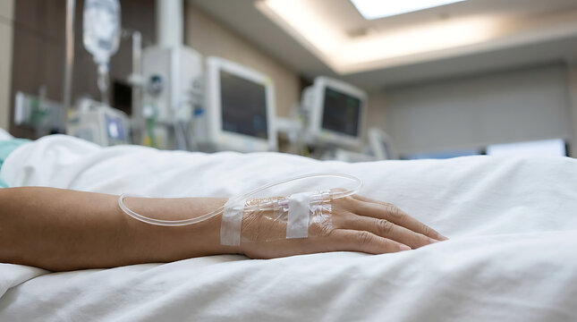 Patient hand with intravenous drip tube in intensive care unit hospital room for medical treatment and recovery
