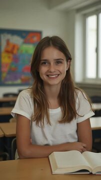 Happy teenage girl sitting at classroom desk with an open book, looking at camera and smiling. Bright window and colorful map in the background. Education and learning concept.