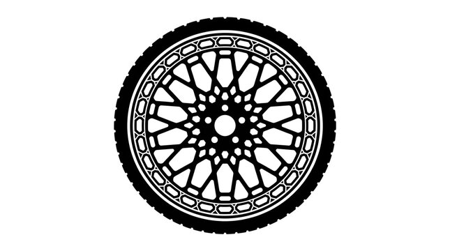 Classic mesh multi-spoke car rim and tire silhouette. Black and white flat vector graphic isolated on white, perfect for racing and automotive tuning themes.