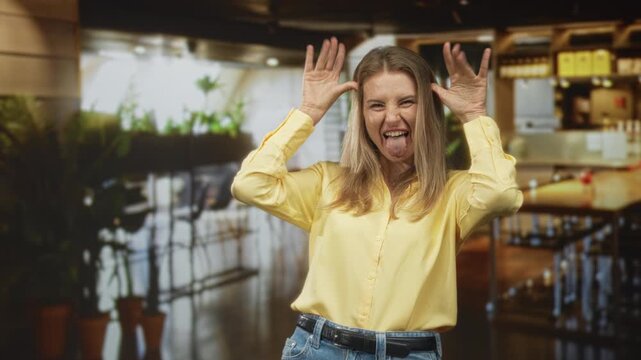 Young blonde woman sticks tongue and holds hands to head making antlers while wearing yellow shirt and jeans in studio cafe set; playful mischief.