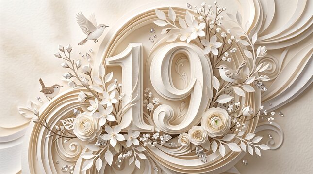 Elegant 3D number 19 with white floral paper art and decorative birds for anniversary