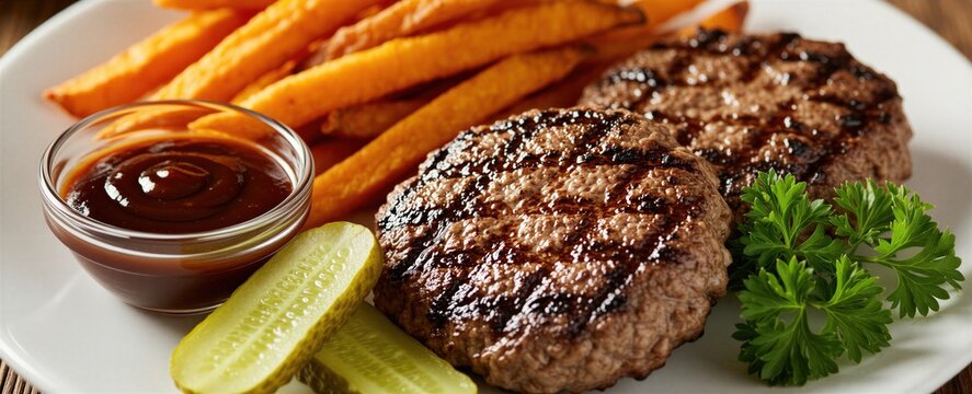 Two grilled beef patties served with crispy fries and pickles. A small bowl of barbecue sauce sits beside the meal. Fresh parsley garnishes the plate. Perfect for fast food or restaurant menus.