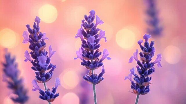 Close up lavender blossoms with gentle sunlight and colorful bokeh showing calming herbal plant beauty aromatherapy wellness nature freshness peaceful garden mood and delicate summer floral background