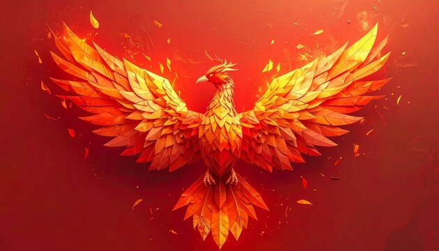 Fiery Phoenix Bird with Spread Wings on Red Background.