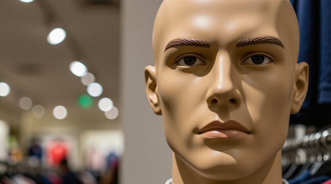 Male mannequin head in modern clothing store fashion boutique. Plastic facial features show serious expression. Retail display object stands in bright mall interior. Shallow depth field focus on fake