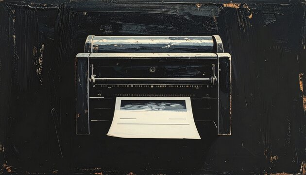 Vintage office printer on dark wooden desk background.