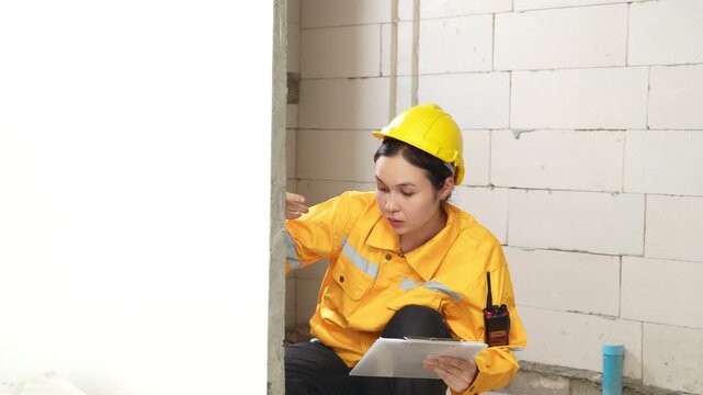 Female construction inspector reviewing a checklist at an indoor building site, ensuring safety, quality control and construction compliance.
