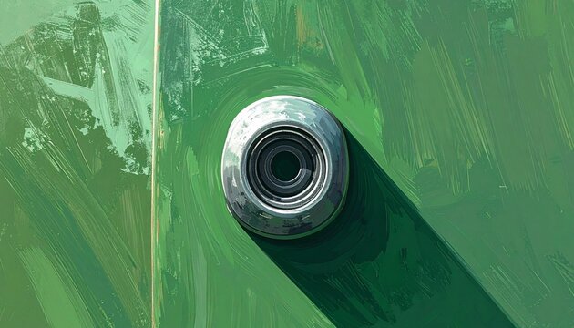 Close up of a vintage metal door peephole on green paint.