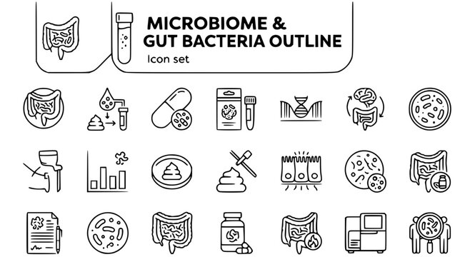 Microbiome and Gut Bacteria Science Outline Icon Set with Gut Bacteria Diagram, FMT Diagram, 16S rRNA Sequencing and Gut-Brain Axis, 20 Icons Editable Strokes