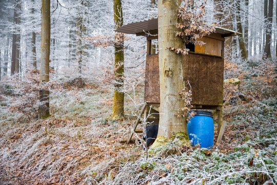 Wooden deer blind in a cold frosty winter forest