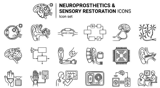 Neuroprosthetics and Sensory Restoration Technical Line Art Icon Set with Retinal Implant, Cochlear Implant, Neural Signal Decoding and Spinal Cord Stimulator, 15 Icons for Neurotech Research