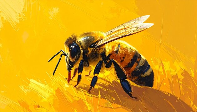Close up of a honey bee on a yellow background.