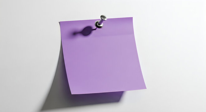 Purple sticky note attached to a wall with a silver push pin reminder business