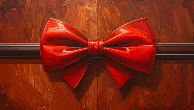 Red Satin Bow on Dark Wooden Surface.