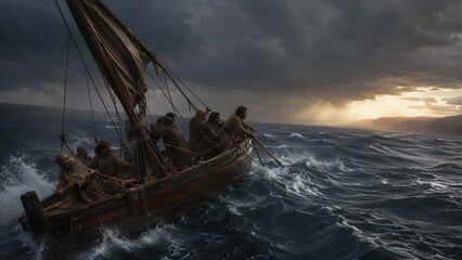 Obraz premium Men in old wooden boat on storm at Sea of Galilee. Group of men fighting waves on sailing ship. Biblical scene of disciples during tempest. Faith, spiritual trial and danger.