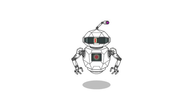 Animated Friendly White Robot Character with Mechanical Arms and Floating Motion on White Background, Suitable for Artificial Intelligence, Technology, Robotics, Automation, Education, and Futuristic 