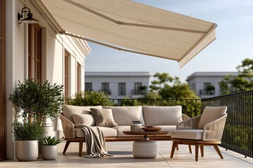 Fototapeta premium Modern balcony patio awning shade over luxury sofa and coffee table