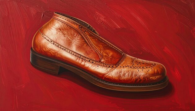 Single brown leather loafer on red background.