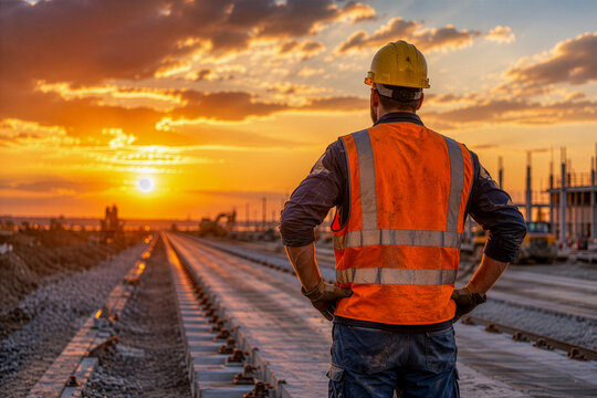 Construction worker inspecting railway tracks at sunset.