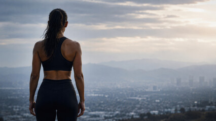 Fototapeta premium Athletic woman overlooking a city skyline at sunrise after a workout symbolizing fitness, motivation, strength and personal achievement