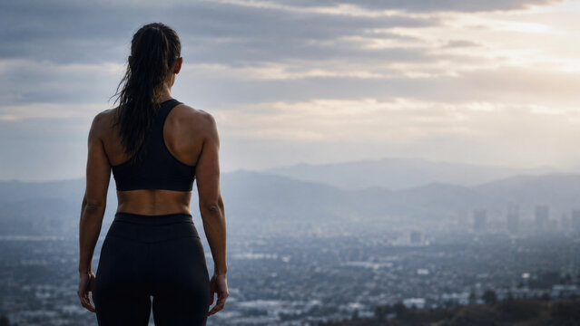 Athletic woman overlooking a city skyline at sunrise after a workout symbolizing fitness, motivation, strength and personal achievement