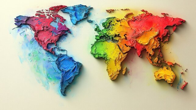 A world map made of textured, colorful strokes