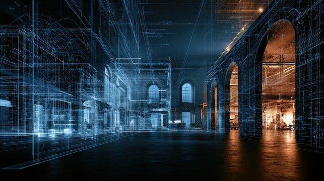 Engineering blueprint technical mastery and problem solving focus on industrial development theme dynamic Fusion illuminated architecture studio backdrop. 