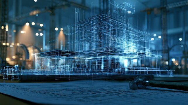 Engineering blueprint technical mastery and problem solving focus on industrial development theme dynamic Fusion illuminated architecture studio backdrop. 