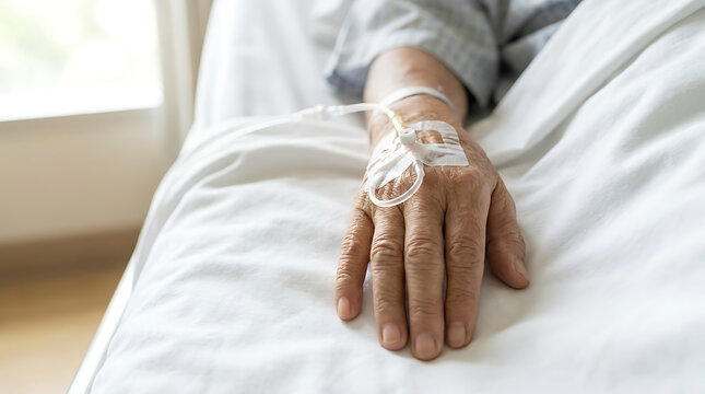 Close-up of an elderly patient's hand connected to an intravenous drip in a hospital bed, symbolizing essential medical care, treatment, and the journey toward recovery and health