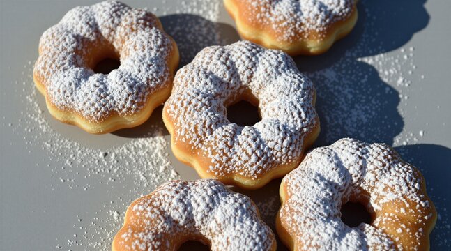 A pile of ring shaped donuts dusted with powdered sugar sits on a gray surface. Sunlight creates shadows, making the sweet pastry look delicious. Fresh baked goods ready for eating.