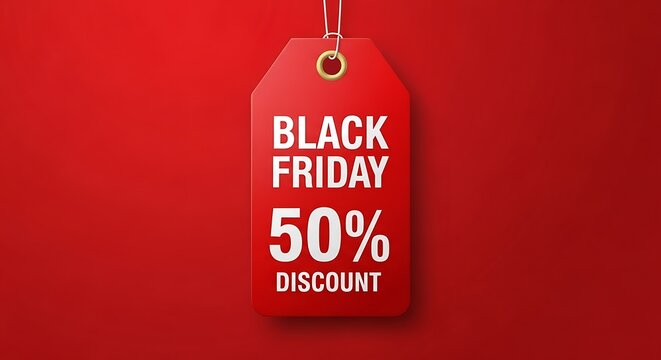 A vibrant red shopping tag featuring bold white text advertising a fifty percent discount for the annual black friday sales event celebration