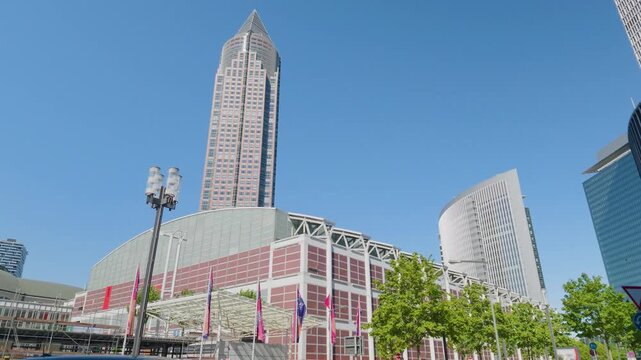 Messeturm skyscraper and trade fair buildings in Frankfurt Germany