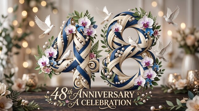 48th Anniversary Celebration Sign with Floral Decorations and Doves