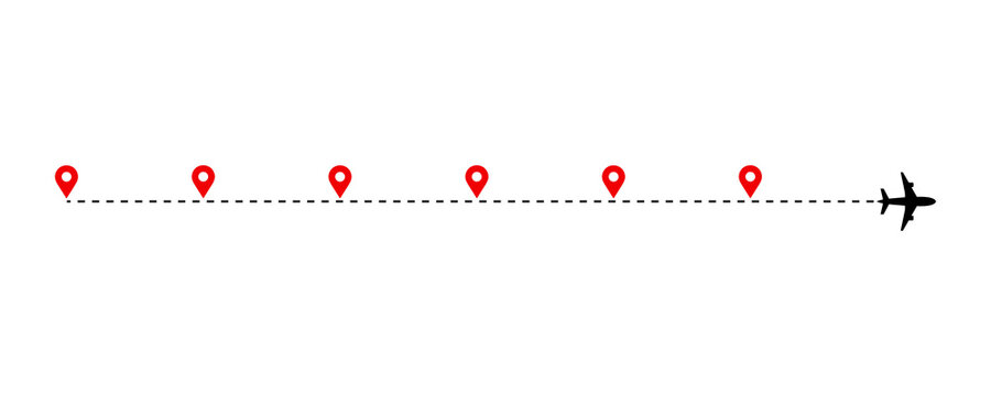 Straight flight path with red location pins and black airplane icon on transparent background.