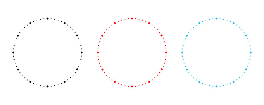Three decorative dotted circles featuring black red and blue colors for infographic layout.