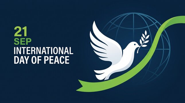 International day of peace - The white peace dove flying with green ribbon roll around on blue line globle texture background vector Design
