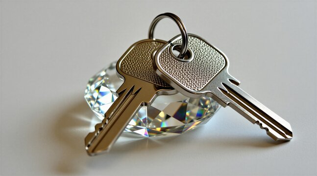 Two metallic keys sit on a faceted crystal keychain. This image symbolizes ownership access security and luxury for real estate or personal property.