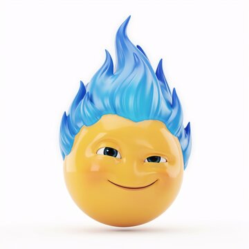3 d render of a yellow smiley face character with blue flame hair