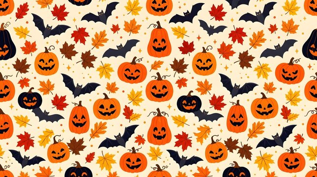 Seamless pattern with jackolantern pumpkins, bats, and autumn leaves on a light beige background