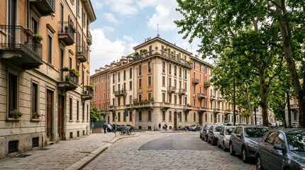 Obraz premium European city street with elegant historic buildings and parked cars under a bright sky