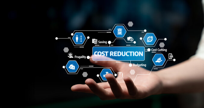 A hand reaches out, showcasing various icons representing cost reduction strategies, emphasizing budgeting, efficiency, and financial management in a modern business context. Tessel