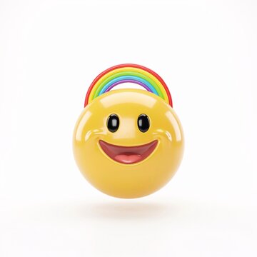 3d render of a yellow smiling emoji with a rainbow arch