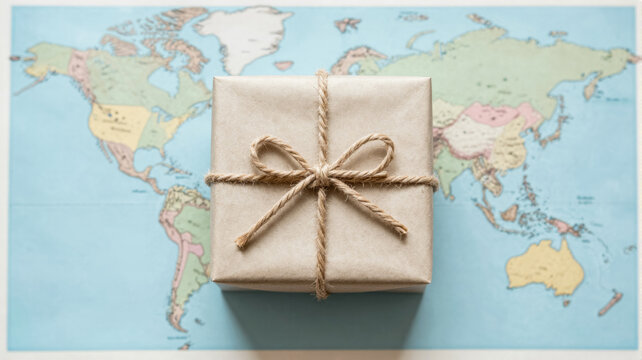 Wrapped gift sits atop world map. Jute twine bow adds rustic charm. Ideal for global shipping or holiday themes