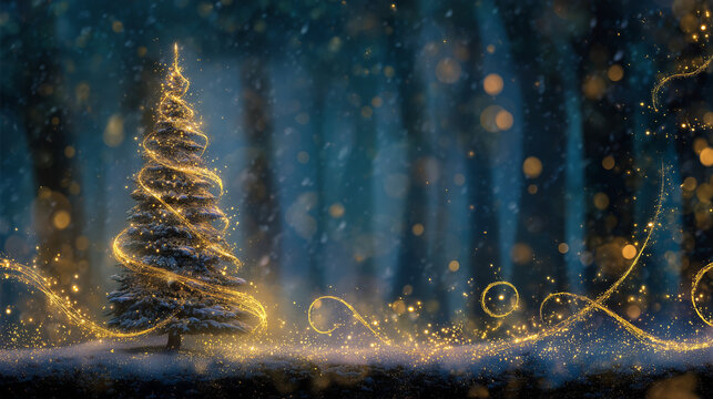 Glowing golden Christmas tree in a snowy dark forest with bokeh